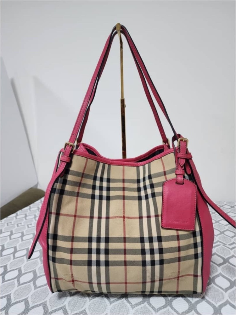 Authentic Burberry Haymarket Check Leather Trim Tote Bag Pink/Beige